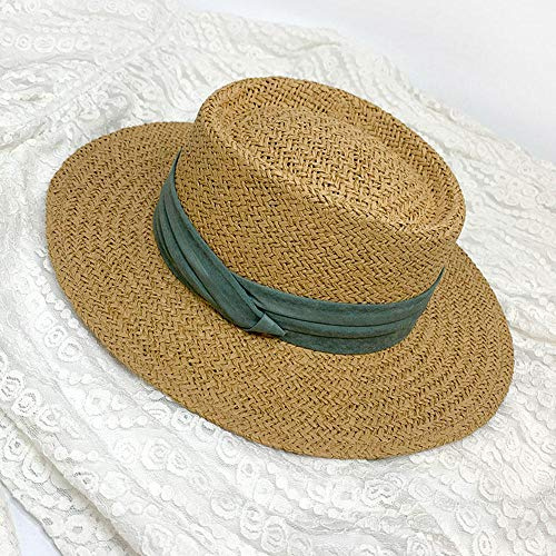 Sonnenhut Strohhut Hut Damen Mode Einfache Damen Breite Krempe Strohhut Damen Band Sonnenhut Panama Strand Hut-Kaffee_Mit_Grün