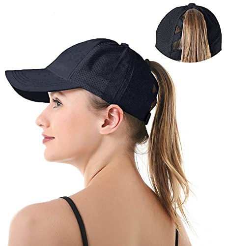 YAMEE baseballkeps för kvinnor med hål för hästsvans, nät, snabbtorkande, basebollkeps med hål för hästsvans, korsband, sommar, sport, hatt, justerbar, Mörkblått, en storlek