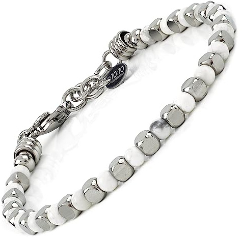 10:10 Bracciale Pietre Naturali 4 MM Per Uomo e Donna - Acciaio Inossidabile - Regolabile, Resistente, Elegante - Made In Italy (Aulite Bianca)
