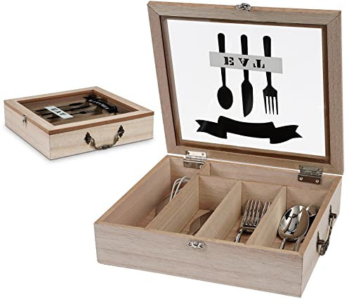WPAJIRZO Besteckkasten mit Deckel - Holz Besteck Organizer mit 5 Fächern & Sichtfenster für Tischplatte oder Schubladen - Aufbewahrungsbox mit Griff für perfekte Ordnung in der Küche