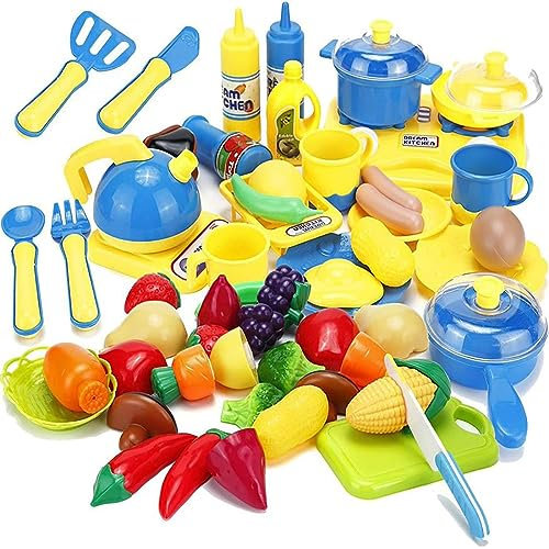 Sobebear Play Food Sets for Children - 43pcs Cutting Play Food with Plastic Fruits, Vegetables, Utensils, and Kitchen Pots and Pans Set, Educational Food Cookware Playset for Kids Ages 3+ Years