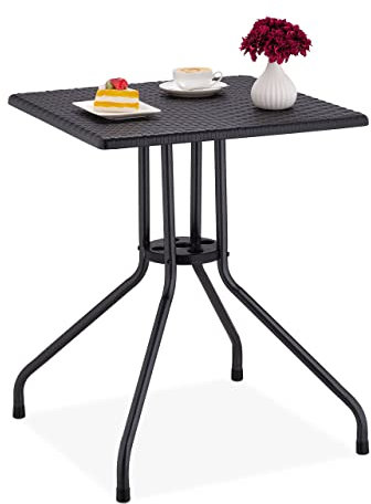 Relaxdays Gartentisch Rattan-Optik, quadratisch, HBT: 75x61x61cm, Balkontisch, Kunststoff, Metall, Outdoortisch, schwarz