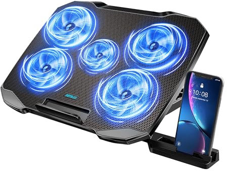AIMIUZI Laptop Cooling Pad, Laptop Cooler for 12-15.6 Inch Notebooks, Laptop Cooling Stand with 5 Quiet Fans, 5 Height Adjustable, 2 USB Ports, Phone Stand (Black)