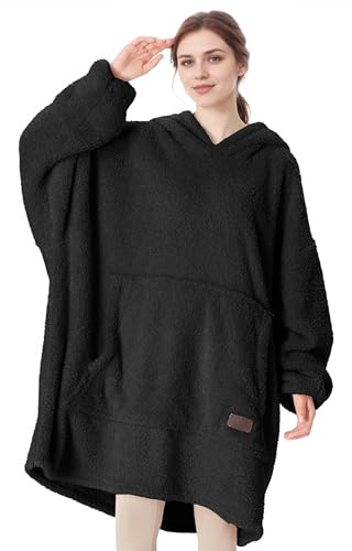 Catalonia Classy Oversize Hoodie Decke mit Ärmeln, Warm Kuscheldecke Geschenk für Frauen Herren, Übergröße Sherpa Kuschelpullover mit Kapuze Flauschig Decke zum Anziehen, Schwarz