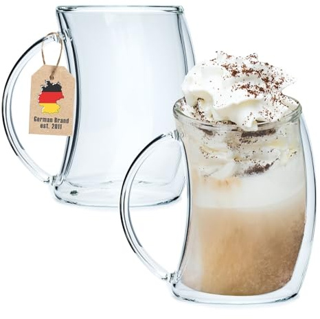 Intirilife 2x vaso termo de doble pared - estilo curvo - capacidad 200ml - juego de vasos 2 piezas- efecto flotante, soplado a boca aislado para latte macchiato, como vaso de té o vaso de café con asa