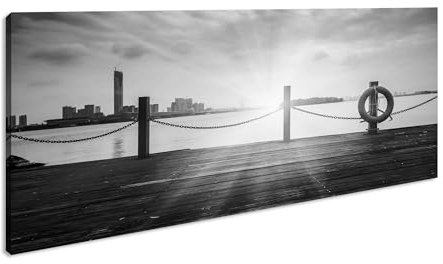 Splendido tramonto sul porto Panorama, 100 x 50 cm, effetto: bianco e nero, stampa digitale di alta qualità con cornice