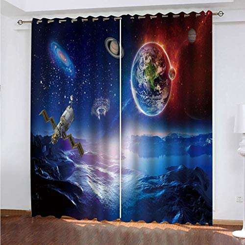 MAYNUO Blickdichte Vorhänge Mit Motiv 3D Blauer Kosmischer Planet Kinder Gardinen Blickdicht Ösen Gardine Thermo 264x214 cm Schlafzimmer Kinderzimmer Vorhänge Dekoratives Muster, Verdunklungsvorhänge