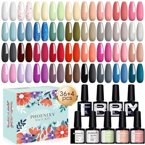 Phoenixy 40Pz Smalti Semipermanenti per Unghie 36 Colori Smalto Semipermanente Unghie Professionali Smalto Gel per Unghie U V/LED con Base e Top Coat