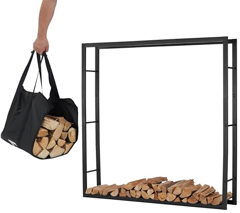 Lendo Online Vedhylla 148 x 25 x 148 cm + bärväska – förvaring inomhus och utomhus – förvaring av vedträ – vedställ – svart – metall