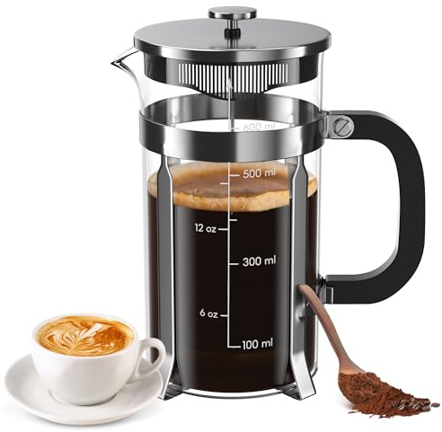 BeanNest 21 Ounce / 600ML French Press Coffee Maker - Stainless Steel & Borosilicate Glass, 4 - Filter for Smooth Brews - Perfect for Cold Brew, Espresso & Tea