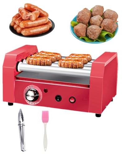 Hot Dog Roller Machine, 600W Hot Dog Roller Grill Cooker Machine, Electric 5 Roller Grill Cooker Warmer, 360°C Automatic Rotating Drum, 0-300°C Knob Temperature Control, for Home red