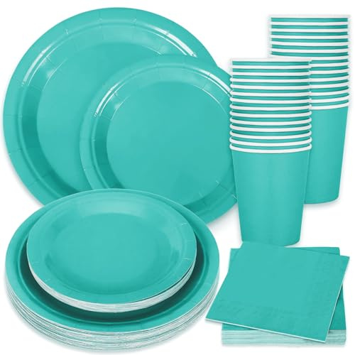 Whaline 100Pcs Teal Tableware Set Teal Blue Disposable Dinnerware 50Pcs Paper Plate 25Pcs Napkin 25Pcs Cup for Birthday Wedding Baby Shower Family Picnic Party Supplies Table Decor