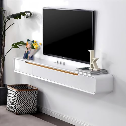 FPIGSHS 160 cm Schwebender TV-Stand, Massivholz Wandmontierte TV-Regale mit 2 Schubladen, Weiß TV Board Lowboard Hängend TV-Mediakonsolle TV-Schrank für Wohnzimmer und Schlafzimmer (B, 160CM/63IN)