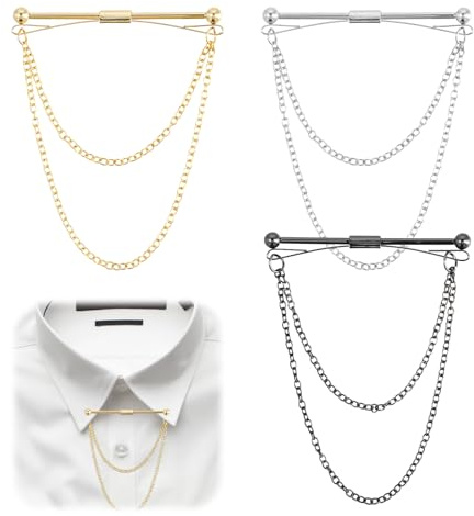 Amexo 3 Pezzi Fermacravatta a Clip per Camicia Spilla da Colletto per Uomo Clip del Colletto Della Camicia Spilli per Cravatta da Uomo Con Catenina per Regalo di Nozze Affari