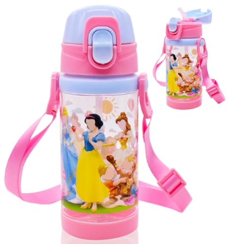 PLNVNVP Gourdes d'eau Enfant Fille Princesse Bouteille d'eau avec Paille Gourdes sans BPA Bouteille Enfant pour l'école, les Sports et la Maternelle, Cadeau Anniversaire Princesse, 450 ML
