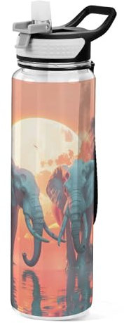 Mnsruu Bouteille d'eau de 1 l avec paille - Anti-fuite - Sans BPA - Motif éléphants - Motif palmiers hawaïens - Pour homme, femme, enfant