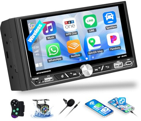 OiLiehu Double Din Car Stereo with Wireless CarPlay Android Auto, 6.8 Car Radio with IPS Touchscreen, MP5 Multimedia Player with Mirror Link, Bluetooth, FM/AM/RDS, USB, Type-C, EQ, SWC, Back Camera