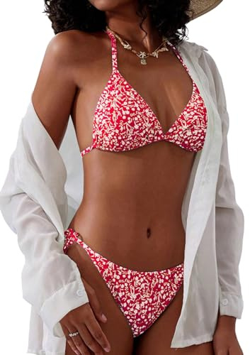 GORGLITTER Damen Bikini Set Triangel Zweilteiliger Bikini Sets Neckholder Bikinis Triangle Badeanzug Boho Hohe Taille Blumenmuster Swimmsuits Bademode Rot M
