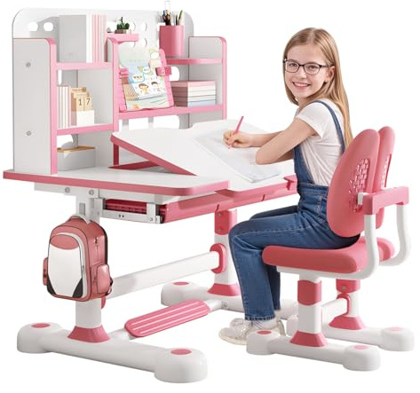 toilmua Set di scrivania e sedia per bambini con scrivania inclinabile (50 gradi), altezza regolabile per bambini, set di tavolo ergonomico extra large con cassetto portaoggetti, supporto per libri