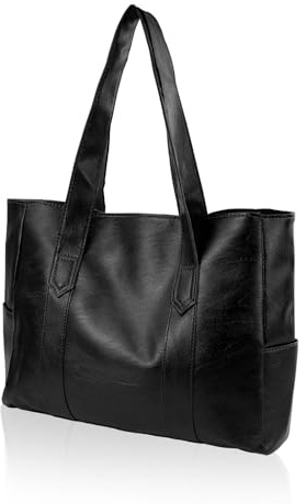AfitLulu Bolsos Mujer Grande de Piel Sintética Tote Bag con Correa de Hombro Más Ancha y Cremallera, 5 Bolsillos Bolso Bandolera Bolso de Mano Bolsos Shopper Fácil para Compras, Viajes, Citas (Negro)