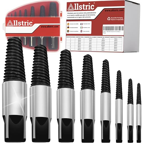 Allstric® Extracteur de Vis Cassée – Coffret 8 Pièces en Acier Trempé | Kit Extracteur de Vis, Boulon et Goujon Cassé | Outil Professionnel avec Étui | Compatible Tourne à Gauche et Perceuse
