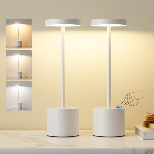 Lampada da tavolo senza fili, Lampada LED da tavolo ricaricabile, 3 Modalità di Colore, Lampada da tavolo LED per sala da pranzo, camera da letto, bar, caffè, ristorante, patio, set da 2 - Bianco