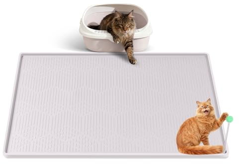 Bartuke Cat Litter Mat with Kitten Teaser Wand,Silicone Mat for Litter Box | 34'' x 22'' Litter Trapping Mat for Scatter Control, Soft on Kitty Paws, Easy to Clean (Beige)