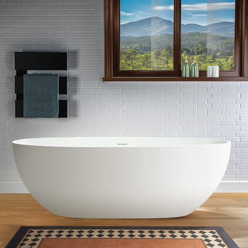 WOODBRIDGE 61 Stone Resin Freestanding Soaking Tub, Modern Oval Solid Surface Bathtub with Integrated Slotted Overflow & Drain, Matte White