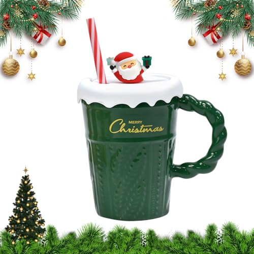 ADERTOS Tazas Navideñas 400ml Taza Café Navidad Verde Te Taza Taza Ceramica Christmas Mug Taza para Árbol de Navidad Con Tapa y Pajita Incorporadas Taza Infusiones Navidad para Regalar Fiesta