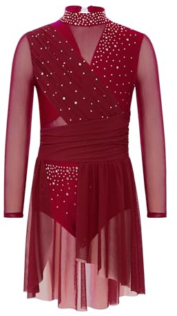 Yruioon Mädchen Eiskunstlauf Kleid Glitzer Langarm Rollschuhkleid Rückenfrei Lyrisch Tanzkleid Kürkleid mit Schlitz Rock Wettbewerb Tanzkostüm