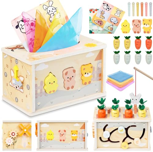 Haozozo Montessori Spielzeug ab 1 Jahr，6-IN-1 Tücherbox Baby Spielzeug ab 6 Monate, Steckspiel Motorikspielzeug ab 1 2 Jahre, Sensorik Babyspielzeug für Kinder- Geschenk 1-2 Jahr Junge Mädchen