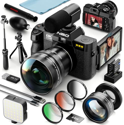 8K Digital Cameras for Photography, 64MP Vlogging Camera with 180°Flip Screen，2 Batteries, 64GB TF Card，16X Zoom, WiFi, 3 Color Filters,Microphone, Tripod, Wide & Macro Lens Kit (Black)