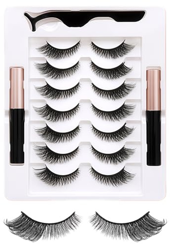 Magnetic Eyelashes Set with Eyeliner - Fox Style 7 Pairs 3D Diagonal Flight Lashes, 2 Black Magnetic Eyeliners, Reusable Waterproof Easy Application for Natural Look