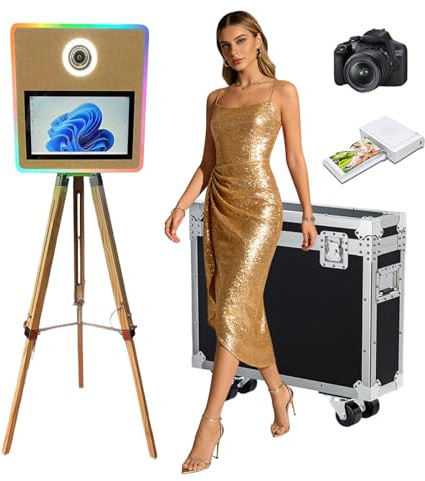 Cabine photo miroir portable avec écran tactile de 15,6, contrôle par application et lumière RVB, appareil photo reflex numérique avec étui de transport pour fêtes de mariage, événements, location