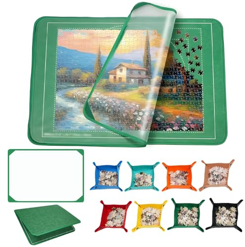 Jonuin Jigsaw Puzzle Board, 31 x 22in Jigsaw Board for 500/1000 Pieces, Foldable Puzzle Mats with Dustproof Cover & 8 Puzzle Sorting Trays, Non-Slip Puzzle Board for Easy Move and Store (Green)