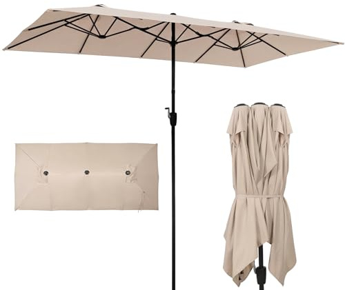 ZealWe Garden Parasol Umbrella, 4x2m Patio Parasols Double-Sided Outdoor Sun Shade with Crank Handle for Beach Pool Lawn Backyard Deck, Beige