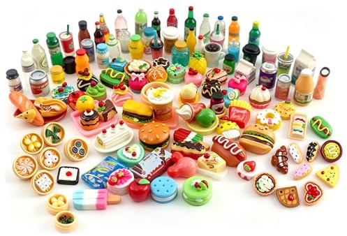 JOVYTH 50 Stück Miniatur Essen und Trinken, Zubehör aus Harz, 1:12 Lebensmittel Deko für Mini Küche, Rollenspiel, Party