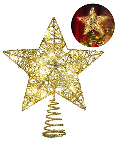 YARNOW Weihnachtsbaumspitze Stern, Gold Glitzer Stern mit 20 warmweißen LEDs, beleuchteter Christbaumspitze für Festliche Weihnachtsdekoration, 30X25Cm