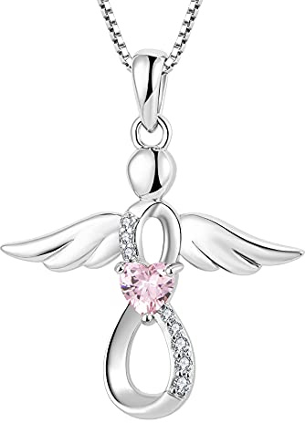 FJ Guardian Angel Necklace 925 Sterling Silver Infinity Pink Tourmaline Necklace October Birthstone Pendant Angel Jewelry Gifts for Women