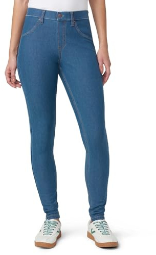 HUE Women's Essential Denim Leggings with Pockets Curvy Fit Pull On Pants, Available in Plus Size, Medium Wash, Large