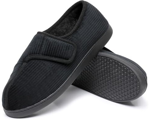 MISSRAIN Men’s Diabetic Orthopedic Slippers Memory Foam Wide Comfortable Adjustable Closed Toe House Slippers Indoor/Outdoor Sole, UK 9 BlackX