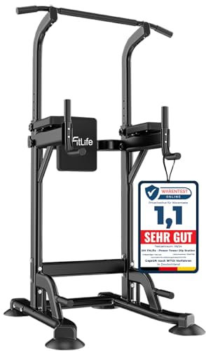 DH FitLife Power Tower Dip Station | Sport Geräte mit Klimmzugstange, Dip Barren u. Rückentrainer | Kraftstation Kraftturm | Fitness Station | Power Rack for Home Gym | Krafttraining für Zuhause
