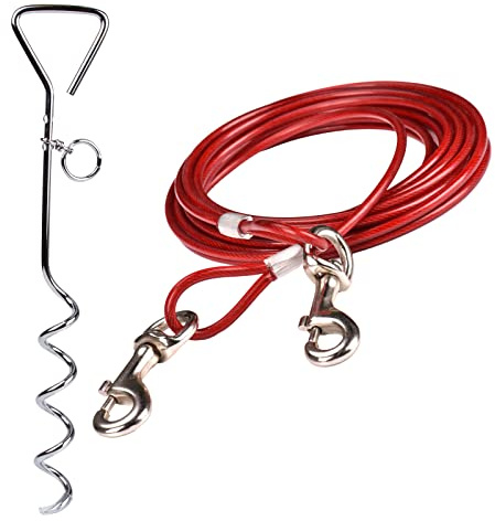 Dog Tie Out Cable, Red, 10ft(3M) with 18 Spiral Ground Stake | Outdoor Yard and Camping, Small to Medium Dogs