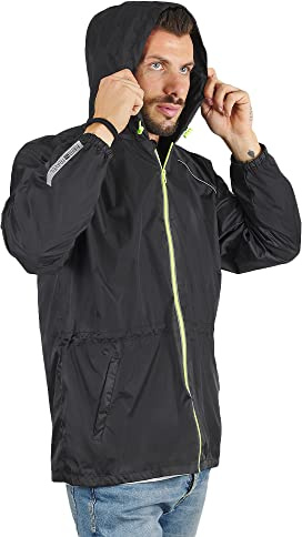 PERLETTI Giacca Impermeabile Uomo Antivento Leggera - Impermeabile Pioggia Trench con Cappuccio e Dettagli Catarifrangenti - Uomo Antipioggia Giacca a Vento Corsa Trekking Outdoor (L, Nero)