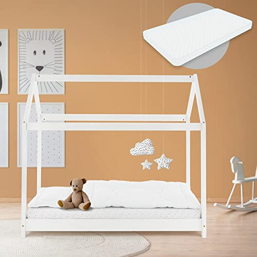 ML-Design Barnsäng 70x140 cm vit med madrass, tak och lamellram, hussäng för tjejer och killar, barnhus av furu, stabil ungdomssäng, massivträ barnsäng, sänghus leksäng
