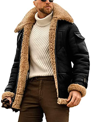 NLAVW Herren-Pelzjacke Winter gefütterte Plüsch-Lederjacke, große Größe 5XL PU-Fleecejacke Revers Kunstpelz Warmer Kunstpelz Vintage-Ledermantel,Schwarz,L