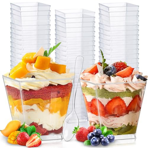 Frasheng 60Piezas 2oz/60ml Vasos para Postres con 60 Cucharas Plástico,Mini Tazas de Postre,Tazas Copas Cuencos de Postre Reutilizables Cuadrados Transparentes,Vasos Aperitivo para Helado,Pudín,Mousse
