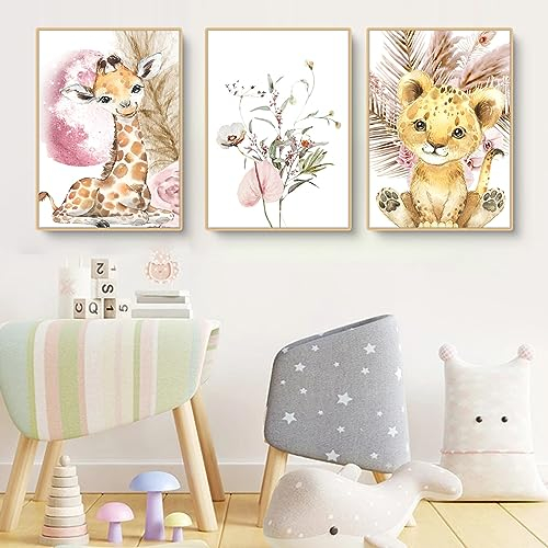 Herfair Bilder Waldtiere Kinderzimmer Deko, 3er Set Poster Tiger Giraffe Blume Bilder, Poster Babyzimmer Deko Mädchen Jungen Kinderbilder, Ohne Rahmen (21x30cm)