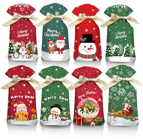 Haweeli Weihnachten Geschenkbeutel mit Band, 48 stücke Geschenktüten Süße Tasche Tüten Kekstüten Süßigkeiten Kunststoff 23 x 15 cm