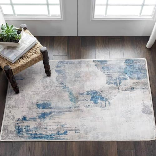 Fenisonavy Teppich Wohnzimmer Graue Blau Teppiche für Schlafzimmer Modern Abstrakter Teppiche Weich Kurzflor Rutschfester Teppich Wohnzimmer Raumdekor (See Blau/Grau/Beige, 60 x 110 cm)